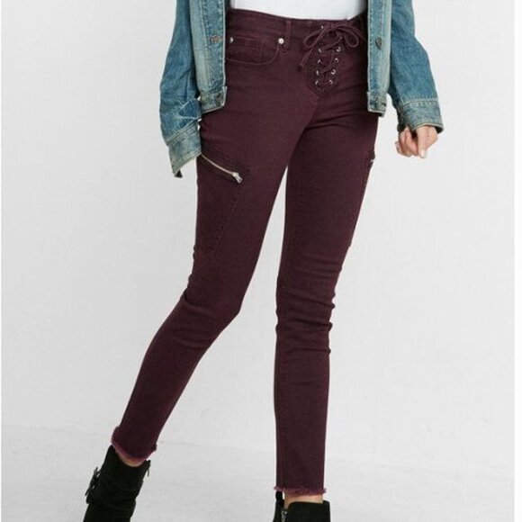 NWOT EXPRESS Maroon Lace-Up Corset Fly Denim Mid-Rise Ankle Leggings - Picture 1 of 8
